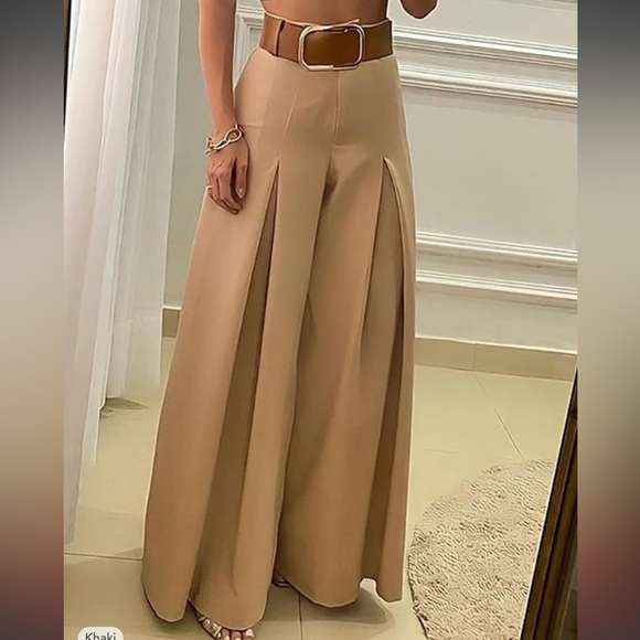 Elegant Khaki Tan Highwaisted extra wide legged Micro Elastic Pants - Picture 1 of 7